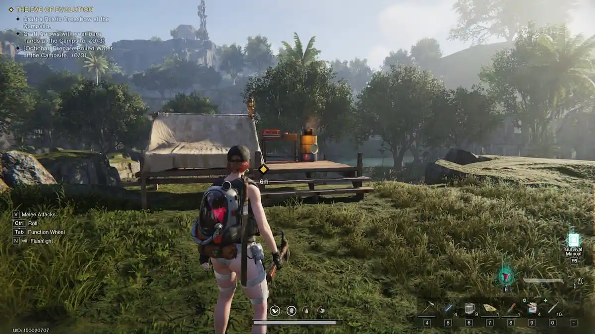 Once Human screenshot featuring the player character in a grassy area looking at a camping site in the tutorial section of the game.