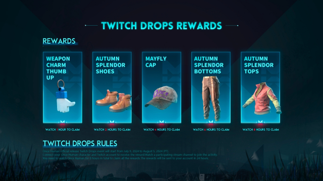 A list of Twitch drop rewards available in Once Human.