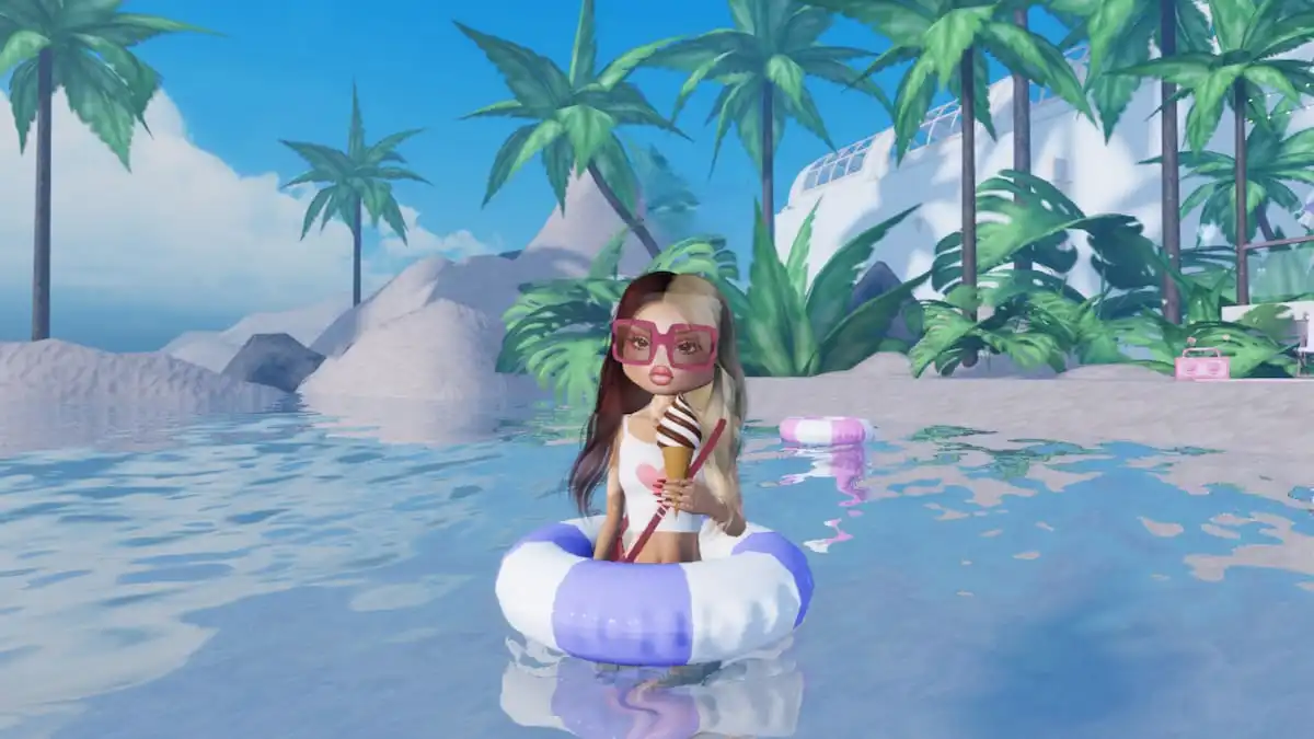 Floating in a tube in the water outside in Roblox Dress To Impress.