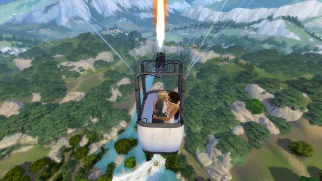 Two Sims in a Hot Air Balloon in The Sims 4 with the Passionate Romance mod.