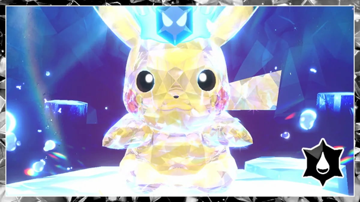 Pikachu with the Water Tera Type in Pokémon Scarlet and Violet.