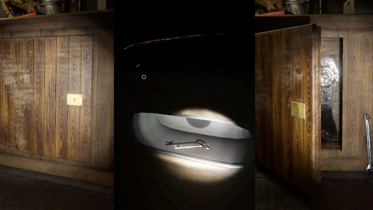 The locked cabinet, the key, and the unlocked cabinet at Point Hope in Phasmophobia.