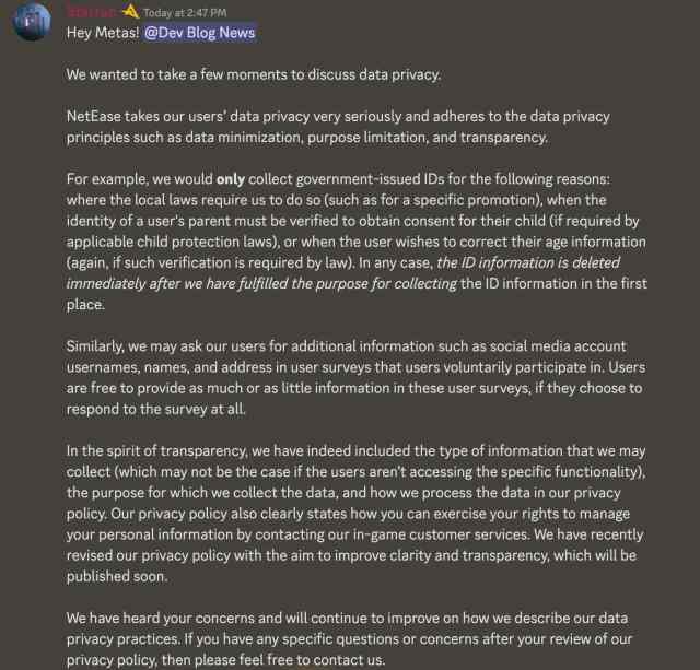 a long statement shared by the Once Human developers on Discord