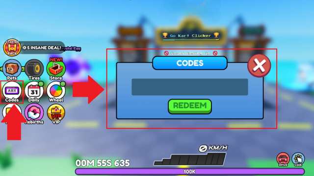 The code redemption process in Car Race Clicker in Roblox.