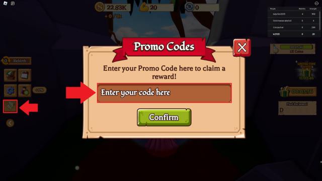 The code redemption option and box marked in Shrek Swamp Tycoon.