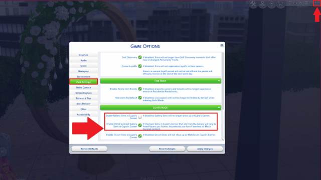 The turn off Gallery Sims options marked in The Sims 4 Lovestruck.
