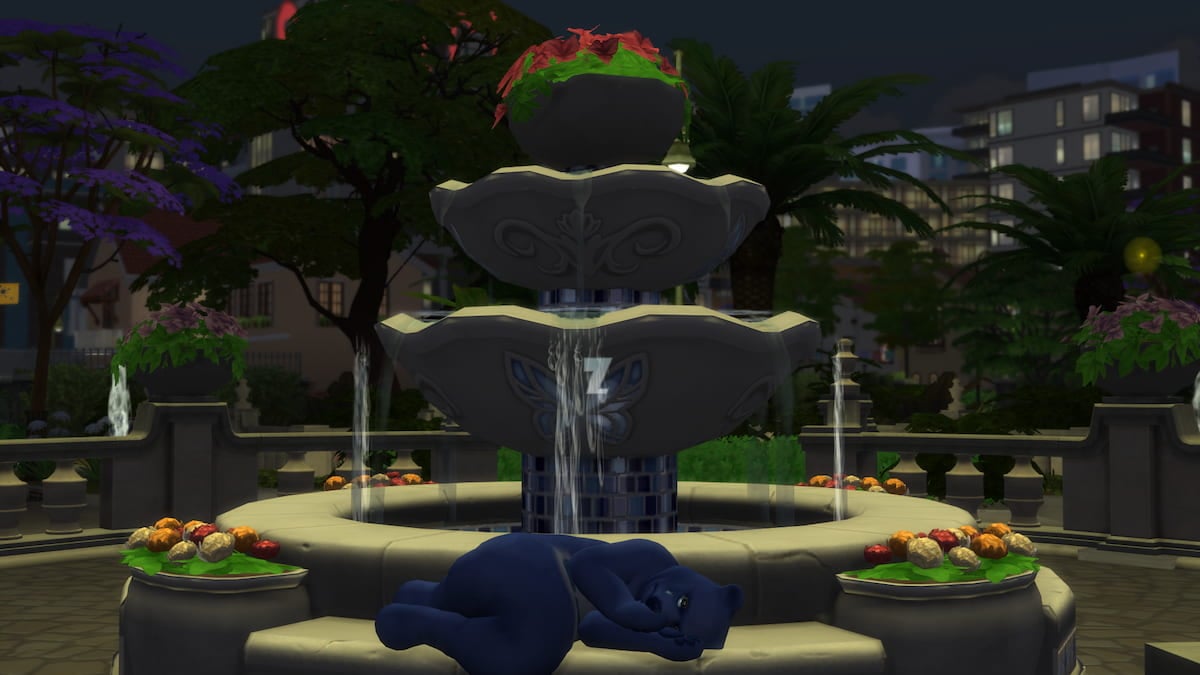 The Ring Bear sleeping on a fountain in The Sims 4 Lovestruck.