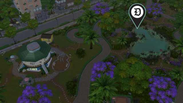 The heart-shaped pond location marked in The Sims 4 Lovestruck.