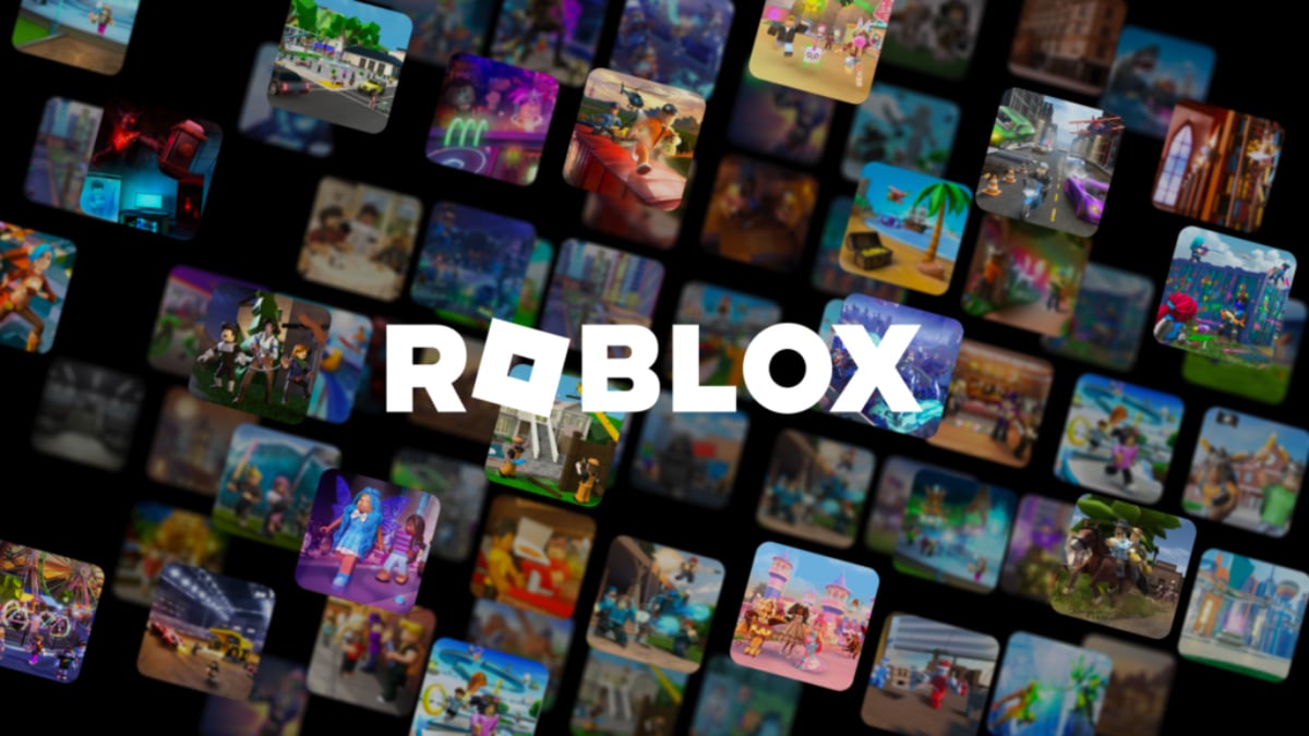 A collage of several small images or "experiences" in Roblox with the Roblox logo at the center