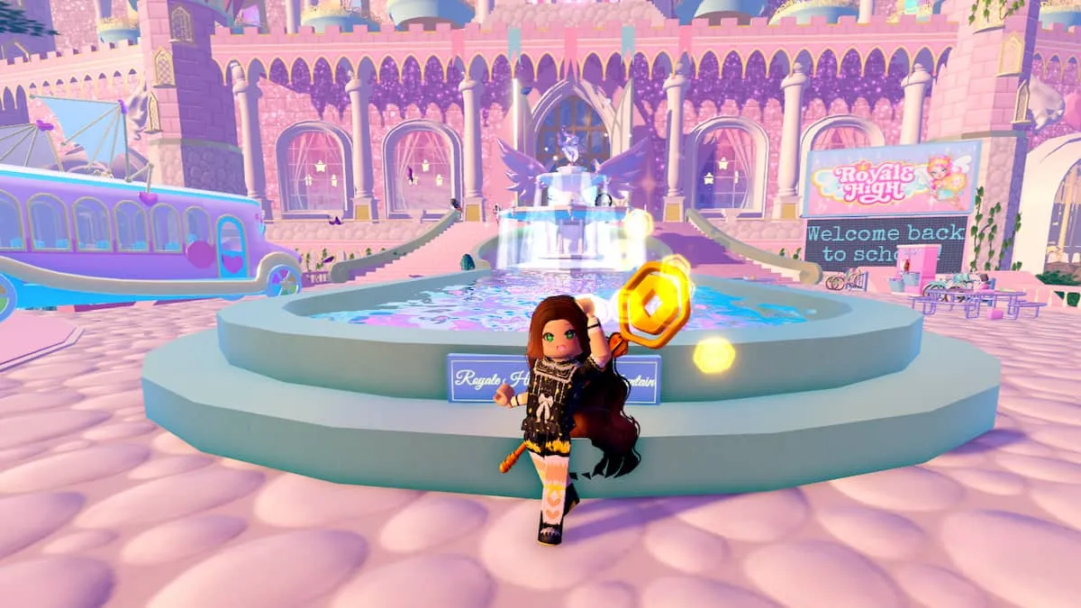 Standing in front of the Dream Fountain in Royale High in Robox.