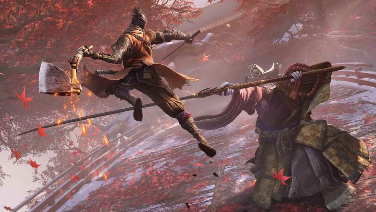 Sekiro jumping in the air while fighting the Corrupted Monk