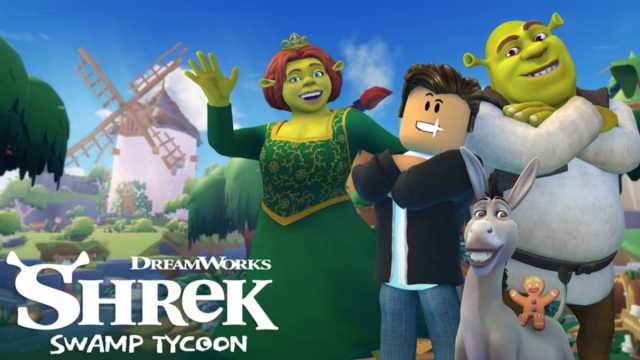 Shrek, Fiona, Donkey, and Gingy standing with a Roblox character in Shrek Swamp Tycoon.