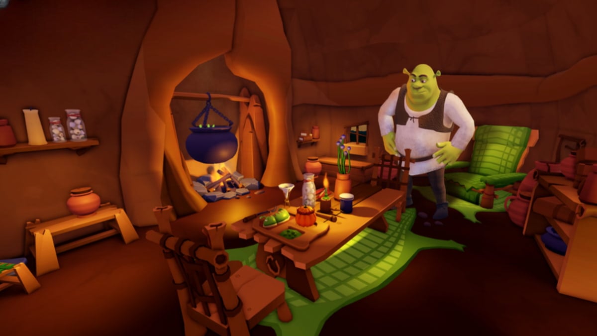 Shrek standing inside his house looking at the dining table in Roblox's Shrek Swamp Tycoon.