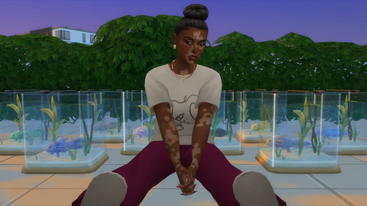 A Sim surrounded by Axolotls in The Sims 4 Lovestruck.