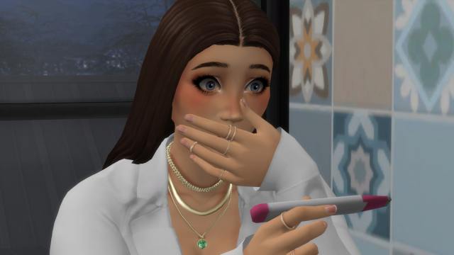 A Sim taking a pregnancy test with the Child Birth mod in The Sims 4.