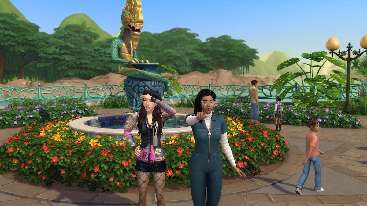 Two Sims exploring Tomarang and three more walking in the background.