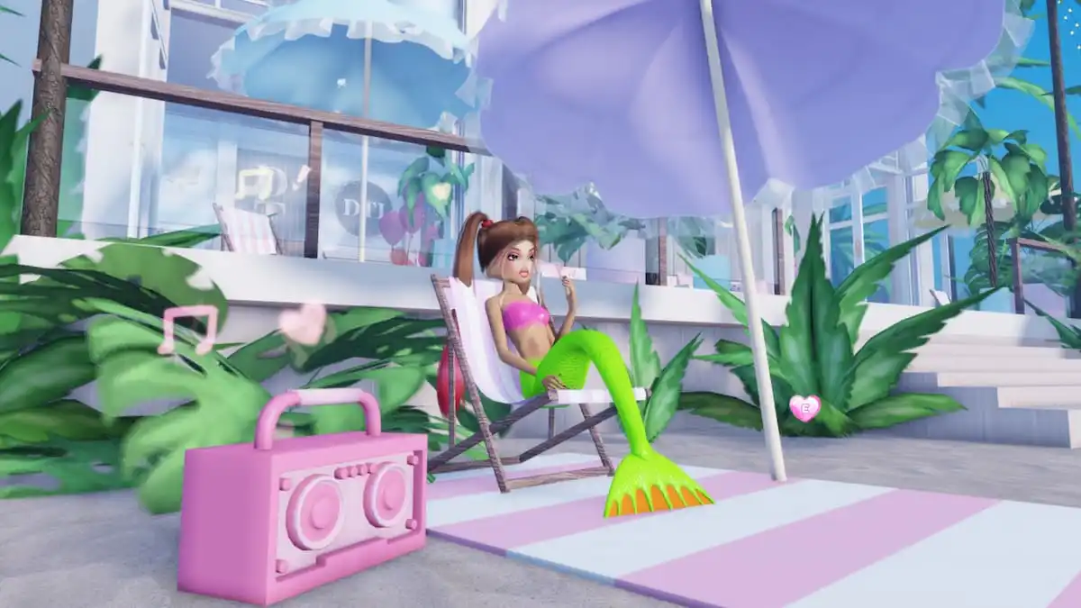 Sitting on a beach chair as a mermaid in Roblox Dress To Impress.