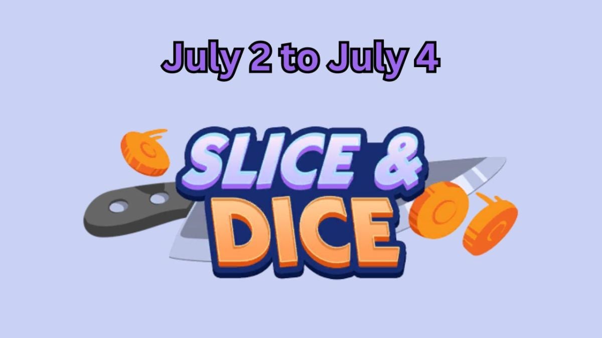 The Slice and Dice logo from Monopoly GO on a light purple background.