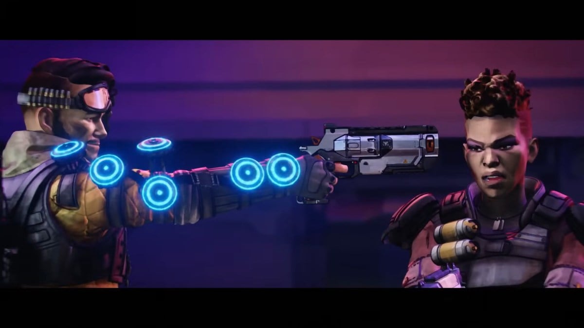 Apex Legends character Mirage holding Bangalore at gun point.