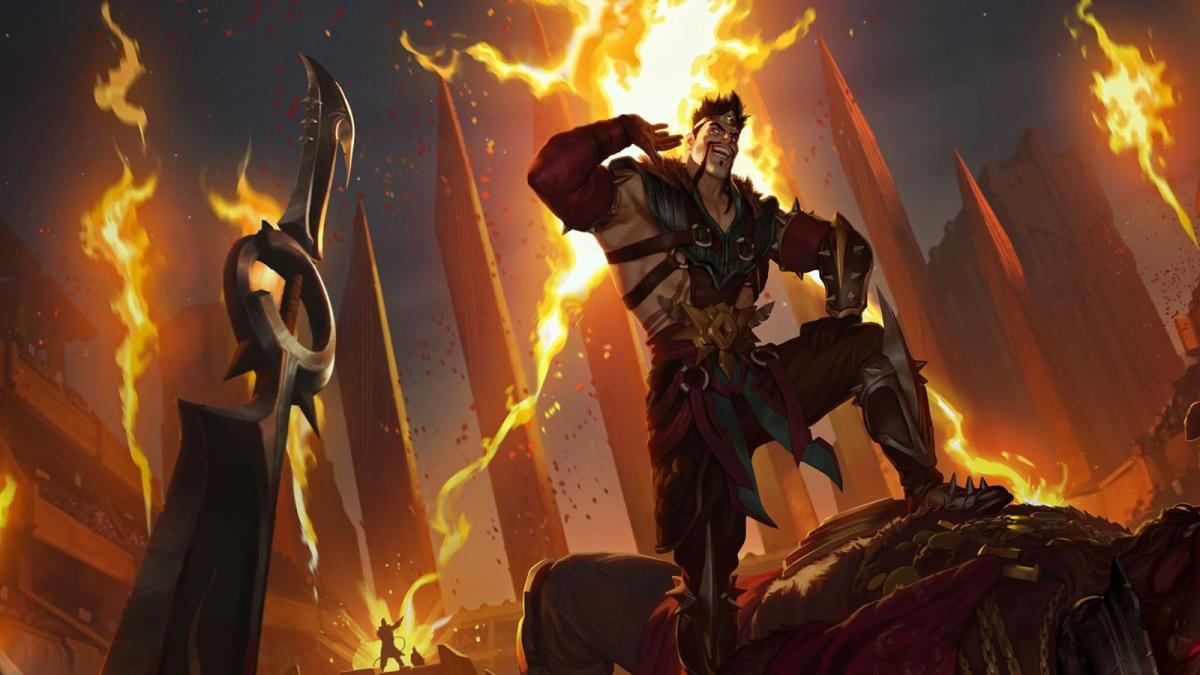 Draven puts his hand to his ear in the middle of a fiery battlefield in League of Legends.
