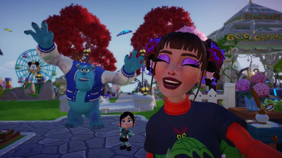 Taking a picture with Sulley and Vanellope in Disney Dreamlight Valley.