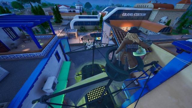 Looking down at Reckless Railways while destroying it with a Ship in a Bottle in Fortnite.