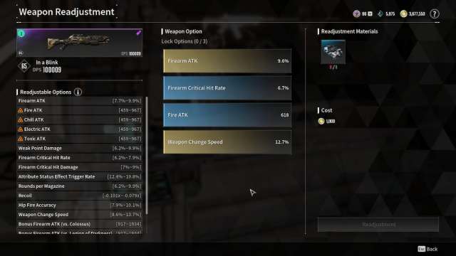 Weapon Readjustment menu for In a Blink in The First Descendant