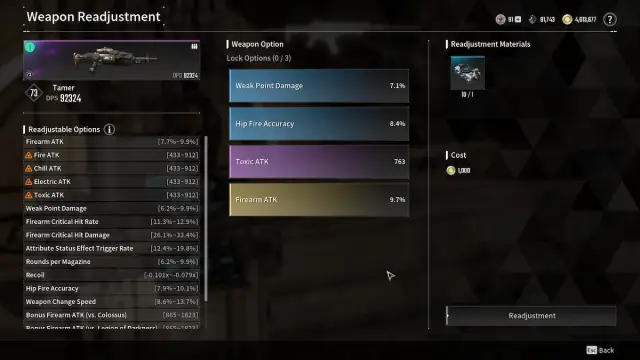 Tamer Weapon Readjustment menu in The First Descendant