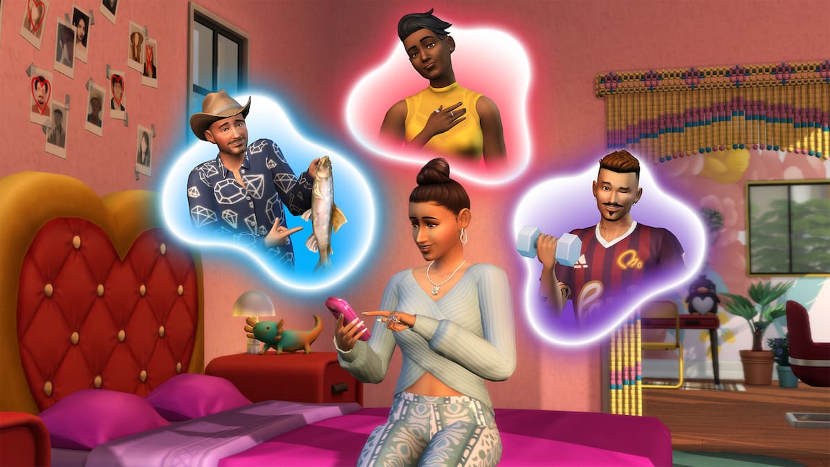 A Sim reviewing dating options in The Sims 4 Lovestruck expansion pack.