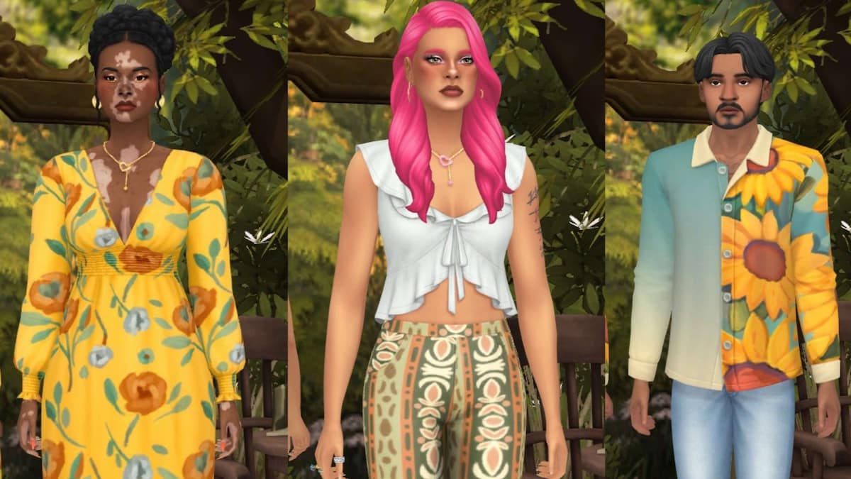 Three Sims wearing Lovestruck clothes in The Sims 4.