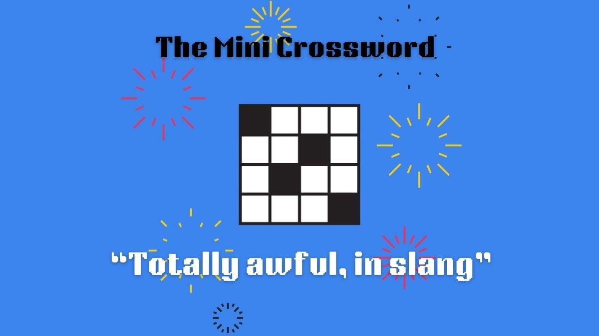 The Mini Crossword logo on a blue background with 'totally awful, in slang' written below it.