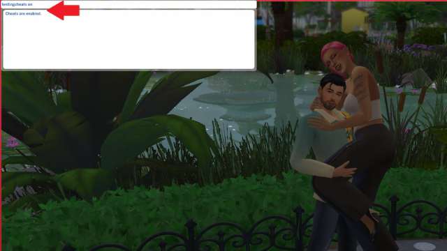 The cheat console command box in The Sims 4 Lovestruck.