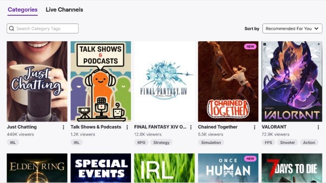 A screenshot of Twitch's categories, with "Just Chatting" at the top.