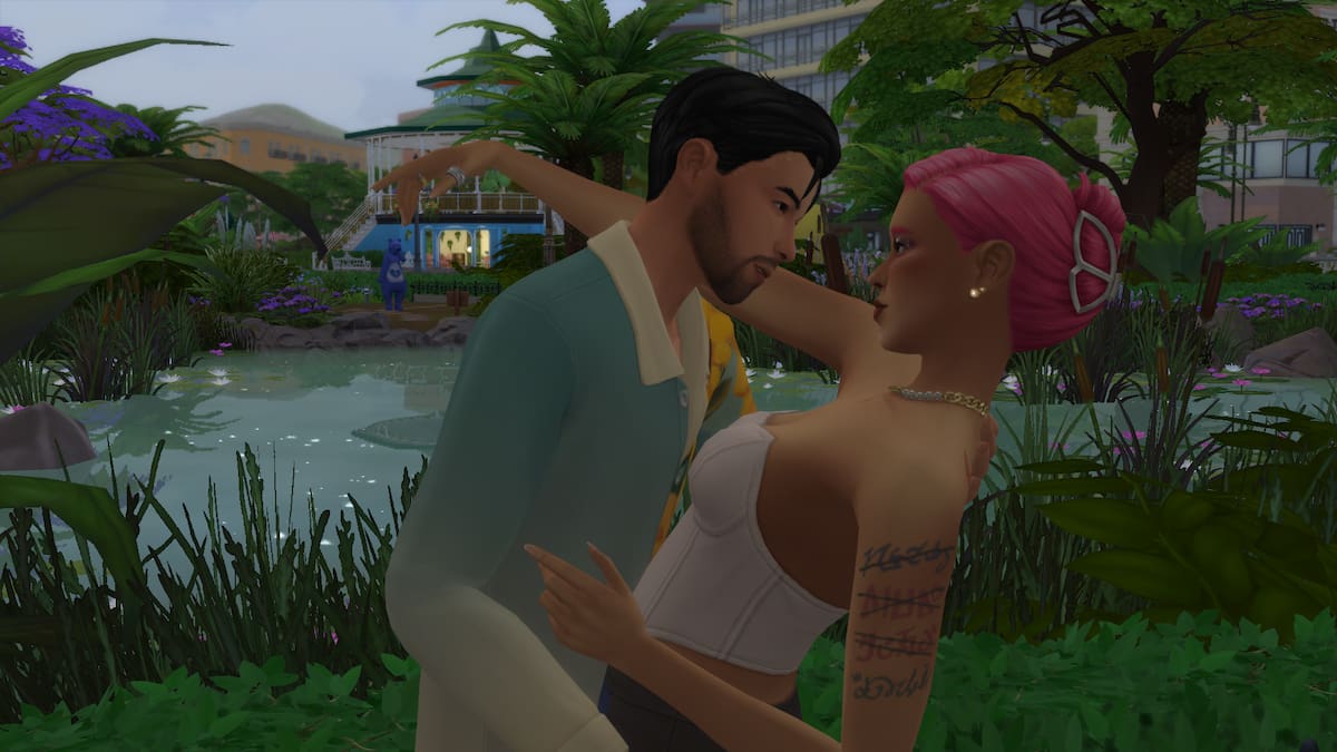 Two Sims posing romantically in front of a heart lake in The Sims 4 Lovestruck.