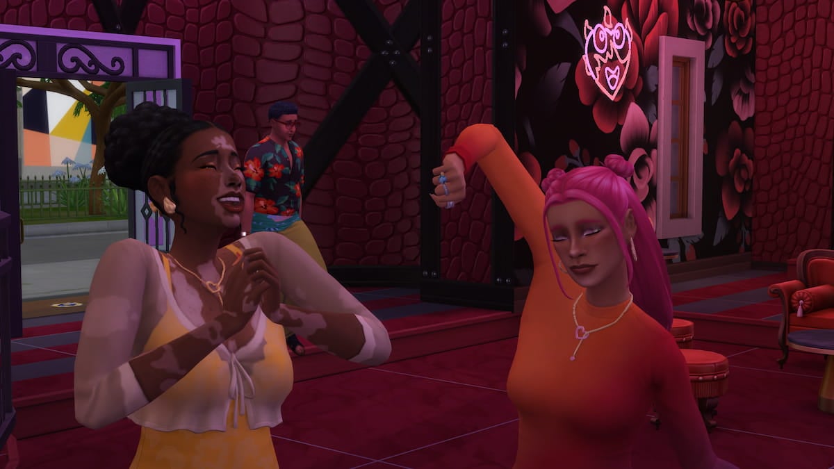 Two Sims dancing at a Lounge in The Sims 4 Lovestruck.
