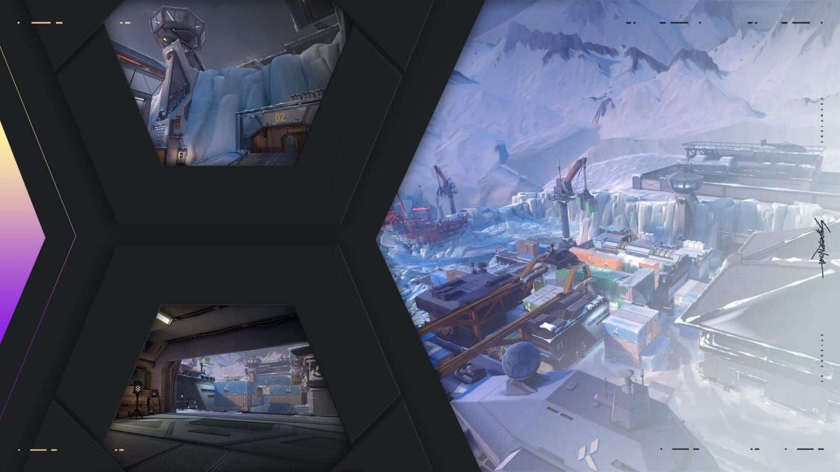 valorant patch 9.02, showing a glimpse of Icebox, a frozen map, through metal beams