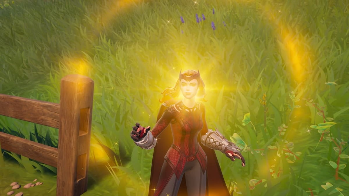 Scarlet Witch glowing after winning a Victory Royale in Fortnite.