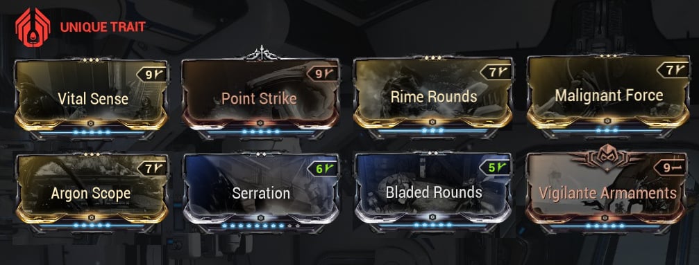 A Zero-Forma build for the AX-52 in Warframe, including Vital Sense, Argon Scope, Rime Rounds, Malignant Force, Point Strike, Serration, Bladed Rounds, and Vigilante Armaments.