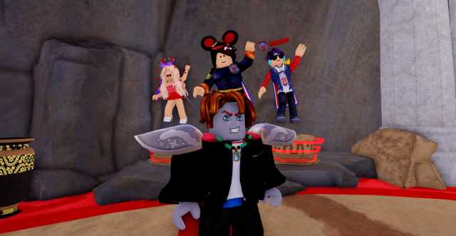 Picture showcasing a player taking a selfie with team leaders to comple the quest for badges in Roblox The Games.