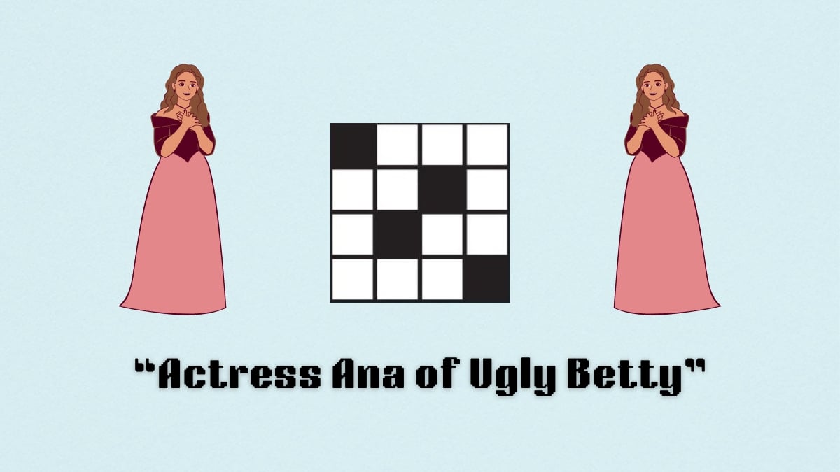 Two women standing next to a crossword puzzle icon above the clue, actress Ana of Ugly Betty, from the NYT Mini Crossword puzzle Aug. 23