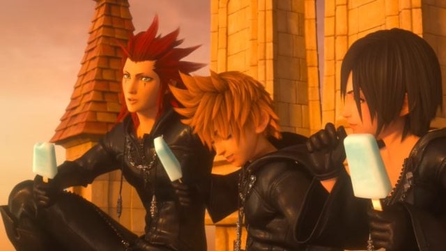 Axel, Sora, and Xion laughing while eating an ice lolly in Kingdom Hearts 3