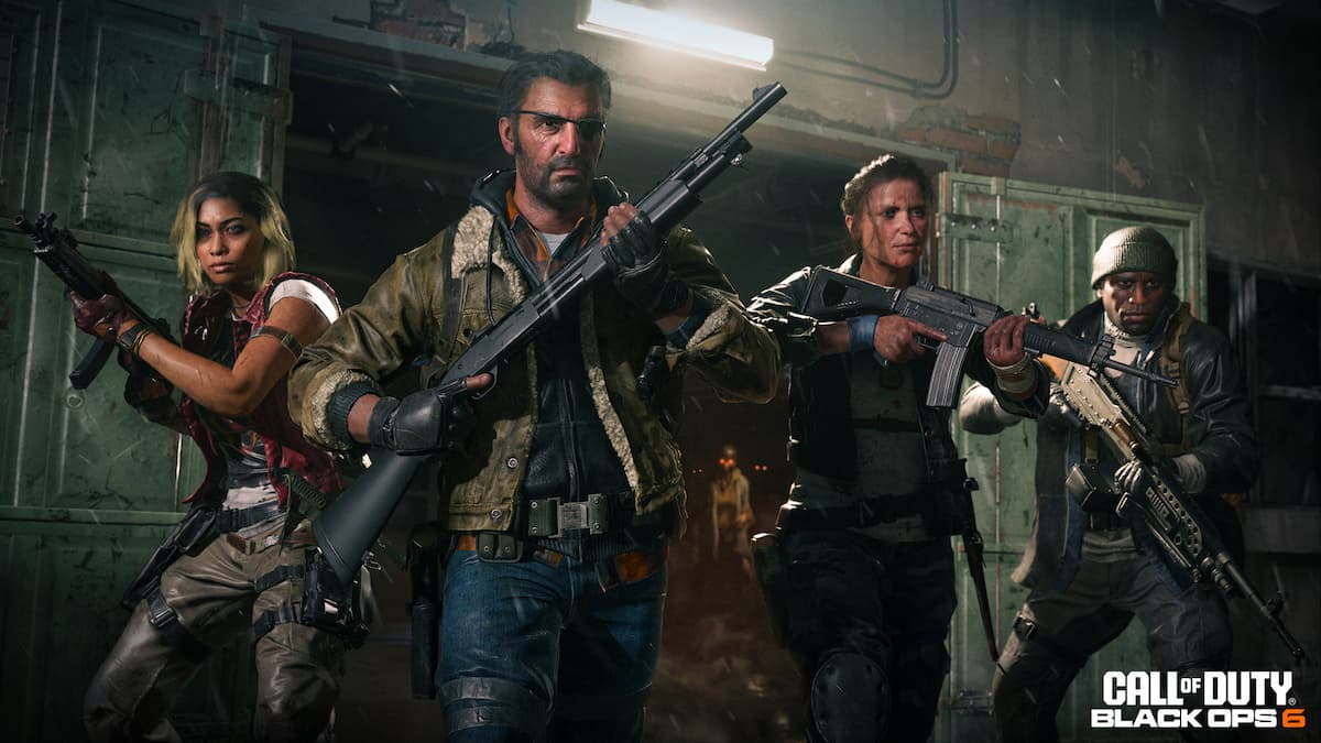 Four characters grouped together, holding weapons in preparation of a zombie attack.