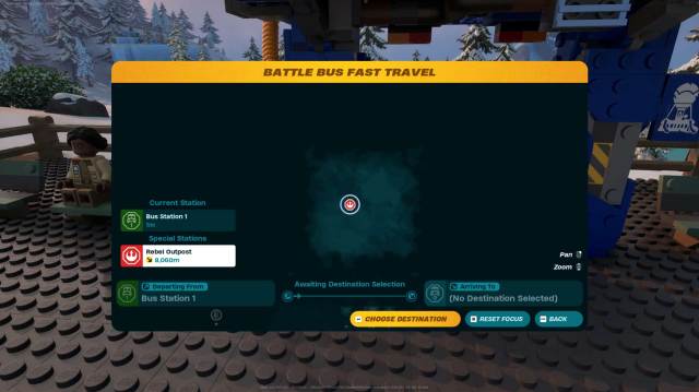 The Battle Bus Fast Travel destination choice screen in LEGO Fortnite