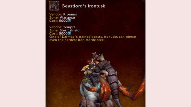 World of Warcraft mount journal exhibiting the Beastlord Irontusk Timewarped mount.