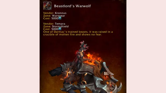 World of Warcraft mount journal exhibiting the Beastlord's Warwolf Timewarped mount.