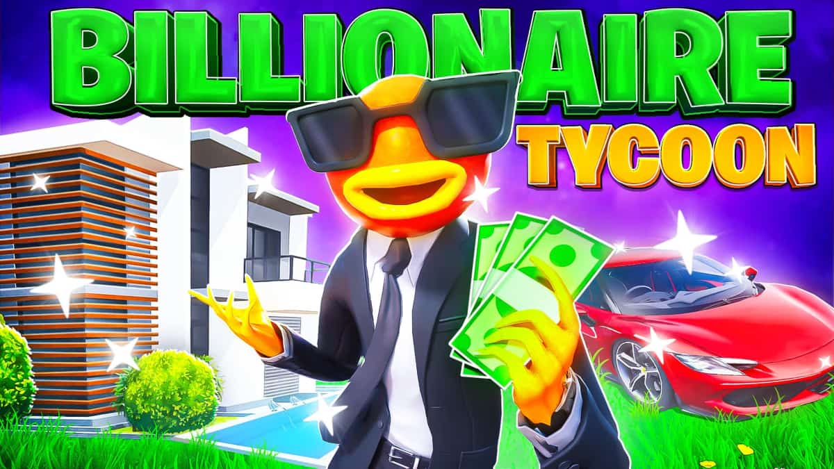 The page image for Billionaire Tycoon in Fortnite showing a fish with a mansion and a car.