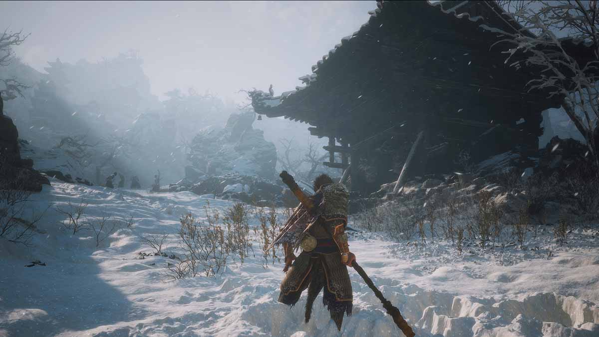 Monkey King Sun Wukong exploring The New West, a snowy region in Black Myth: Wukong