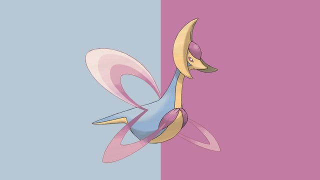 Cresselia em Pokémon Go, uma criatura com uma cabeça em formato de lua sobre um fundo rosa e prateado.