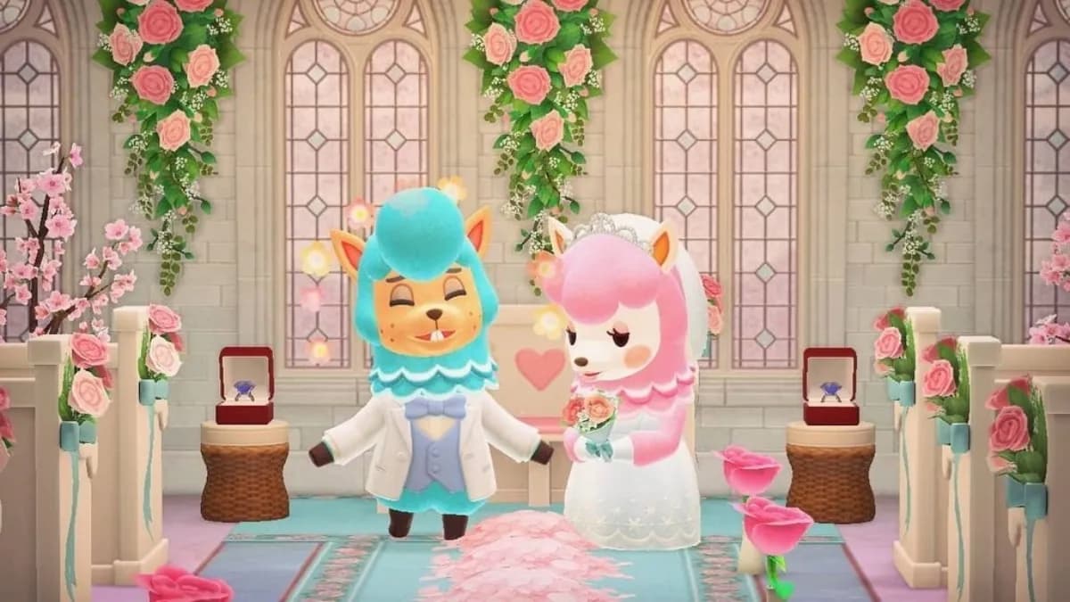 Cyrus and Reese in the wedding chapel in Animal Crossing