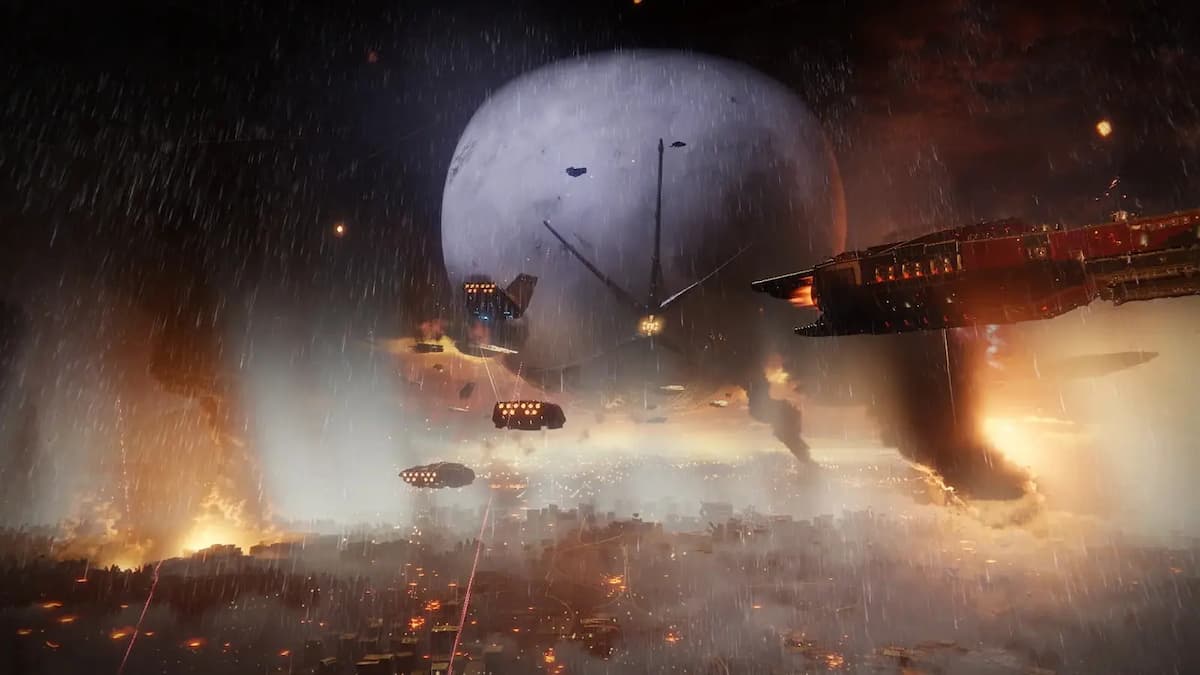 Destiny 2 ships flying in space, with rain falling and fires in the distance.